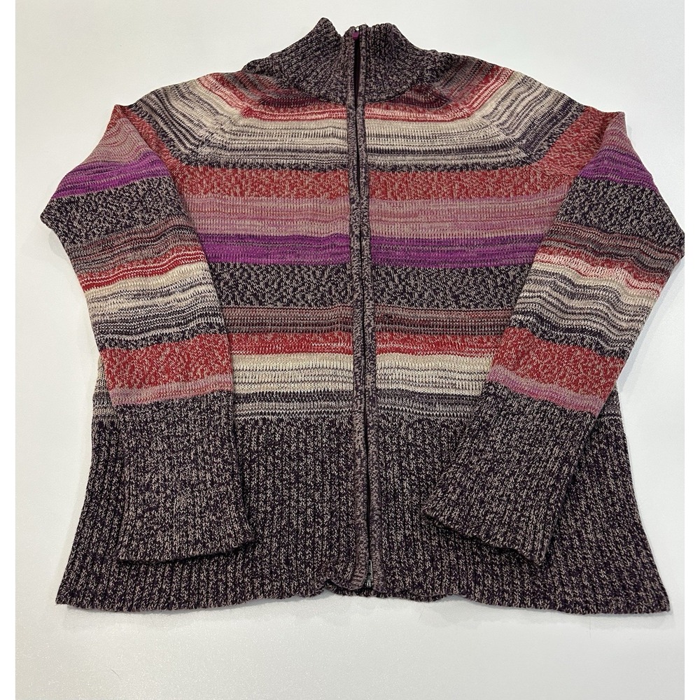 Eddie Bauer Vintage Zip-Front Pink and Purple Striped Cotton Cardigan Sweater M - Picture 2 of 10